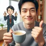 seseorang yang sedang memegang secangkir kopi dengan ekspresi puas, melambangkan perayaan atas pencapaian kecil.