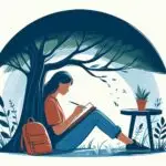 seseorang yang sedang menulis jurnal di bawah pohon