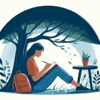 seseorang yang sedang menulis jurnal di bawah pohon