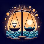 timbangan dengan satu sisi melambangkan ambisi (bola lampu bersinar) dan sisi lainnya melambangkan ketenangan (ombak laut tenang), melambangkan keseimbangan di antara keduanya