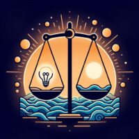 timbangan dengan satu sisi melambangkan ambisi (bola lampu bersinar) dan sisi lainnya melambangkan ketenangan (ombak laut tenang), melambangkan keseimbangan di antara keduanya