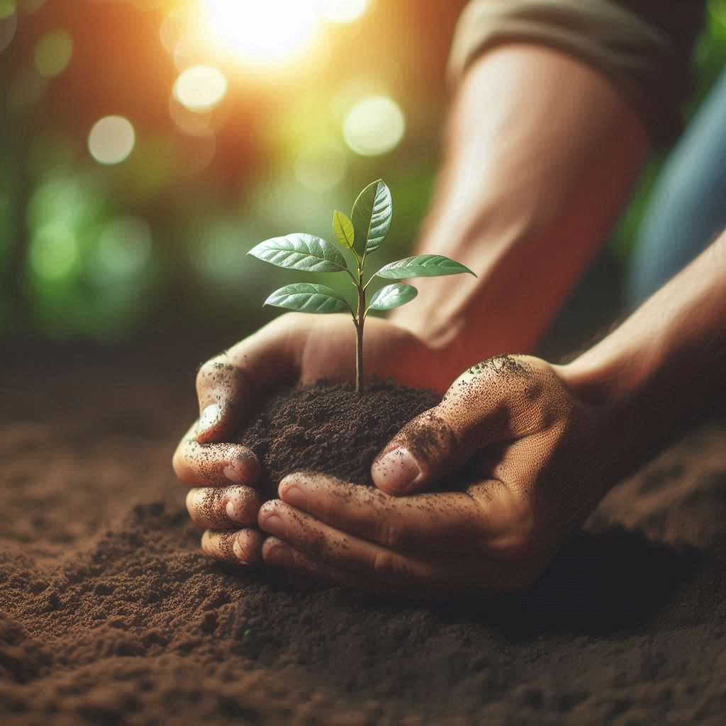 Seseorang menanam pohon kecil di tanah