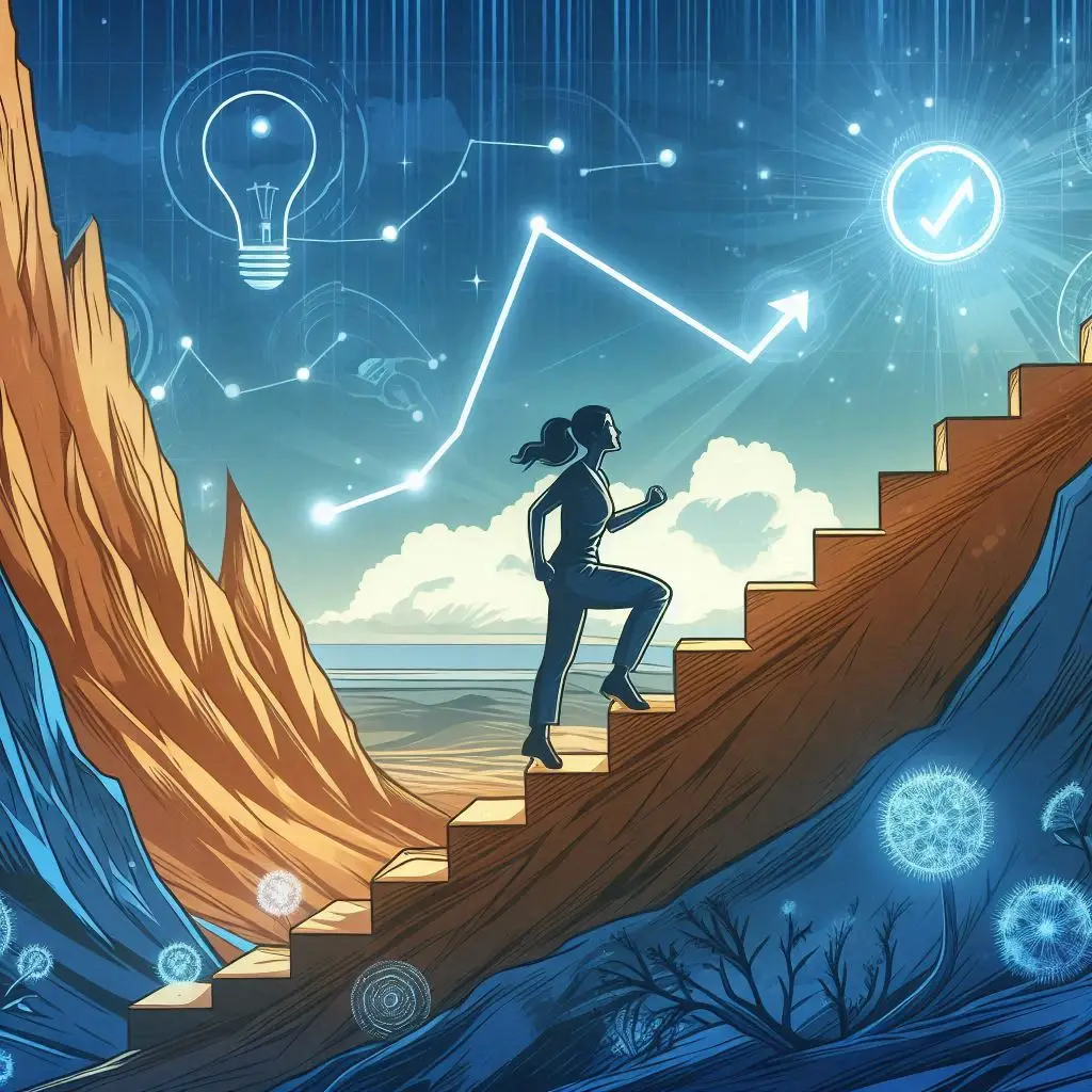 seseorang yang sedang memanjat tangga menuju puncak gunung