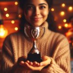 Seseorang memegang piala atau medali kecil