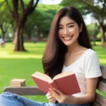 seseorang yang sedang membaca buku di taman dengan senyum