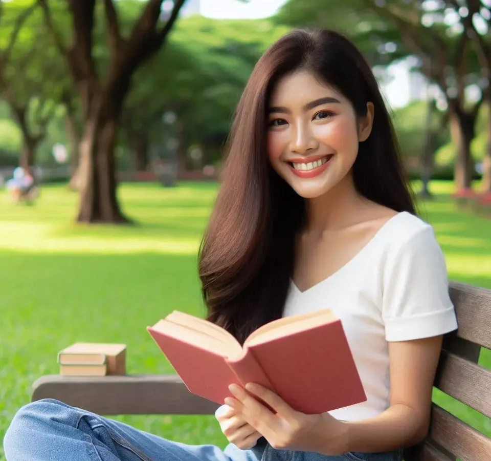 seseorang yang sedang membaca buku di taman dengan senyum