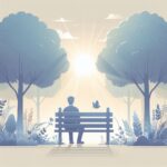 seseorang duduk di bangku taman dikelilingi pepohonan