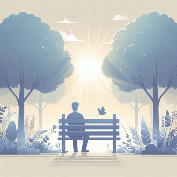 seseorang duduk di bangku taman dikelilingi pepohonan