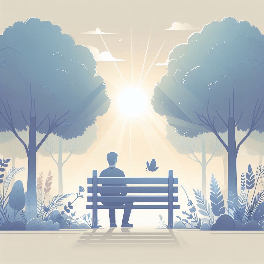 seseorang duduk di bangku taman dikelilingi pepohonan