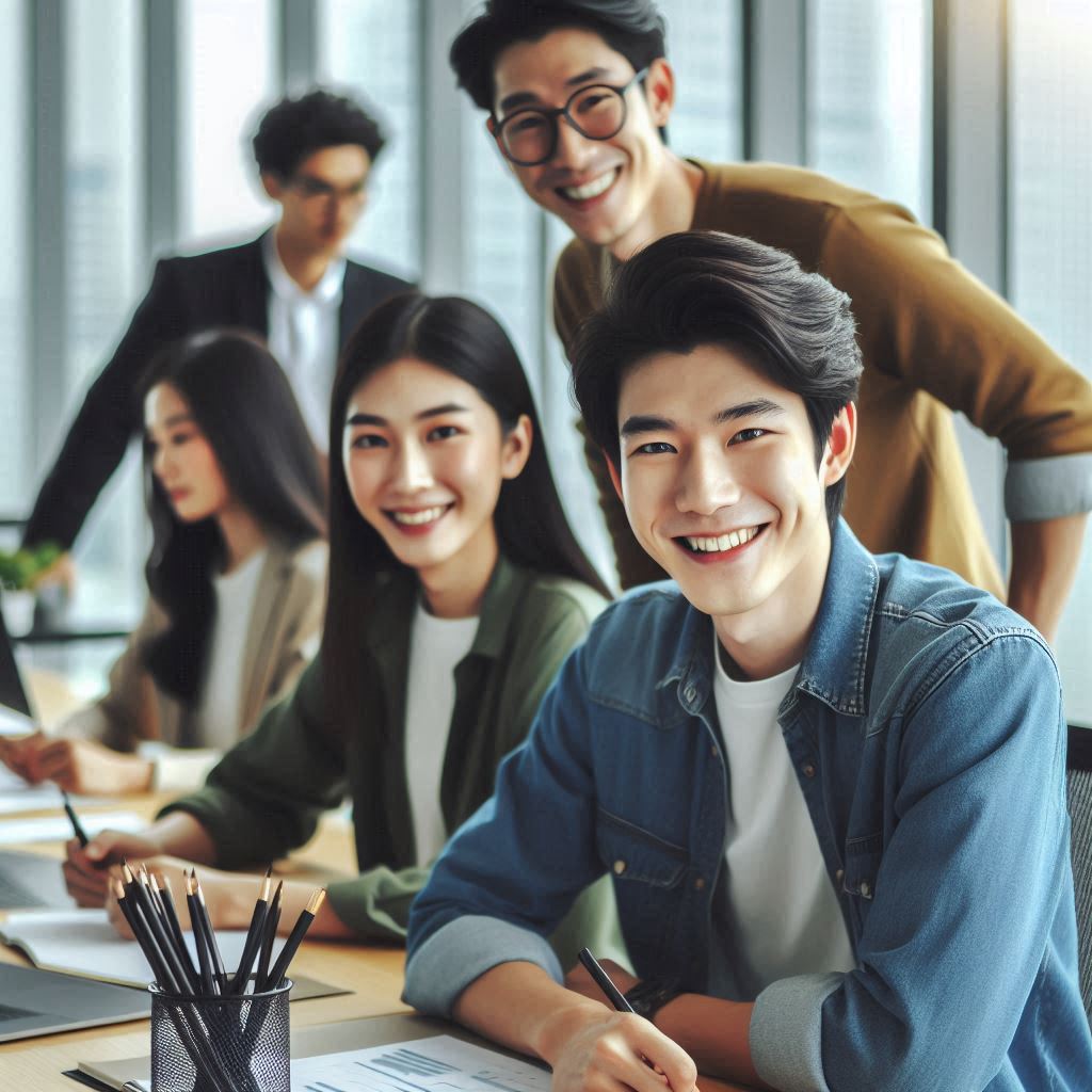 ruang kantor modern dengan tim yang tersenyum dan bekerja bersama