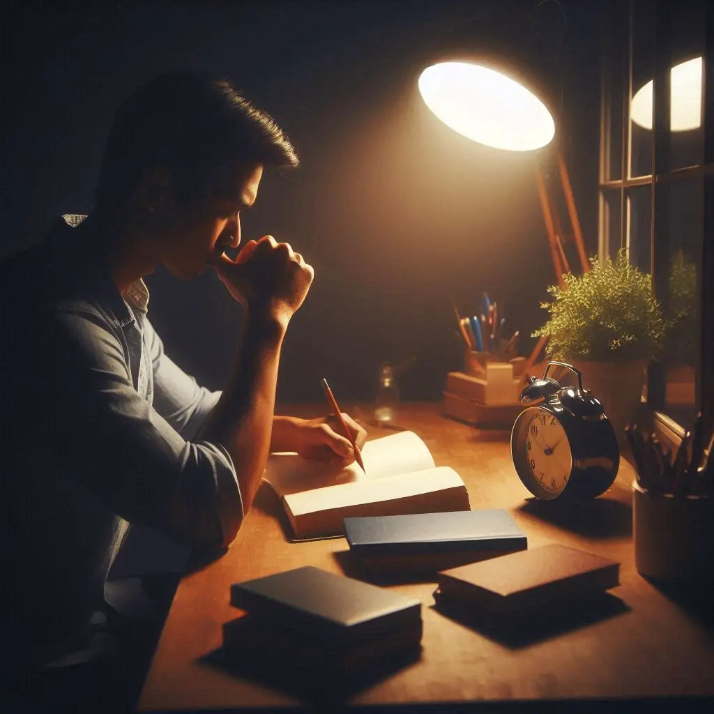 seseorang yang sedang menulis jurnal di bawah lampu meja, melambangkan proses refleksi diri