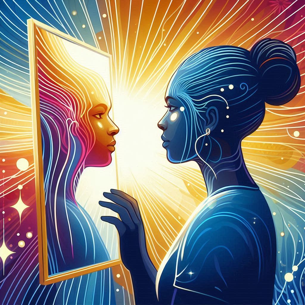 seseorang melihat ke cermin dengan cahaya bersinar di sekitarnya