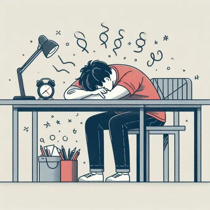 seseorang yang terlihat lelah di meja kerja dengan kepala tertunduk