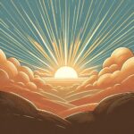 Ilustrasi matahari terbit dengan sinar cahaya menembus awan