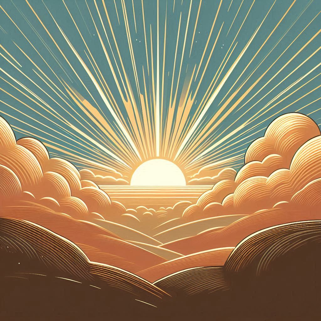 Ilustrasi matahari terbit dengan sinar cahaya menembus awan