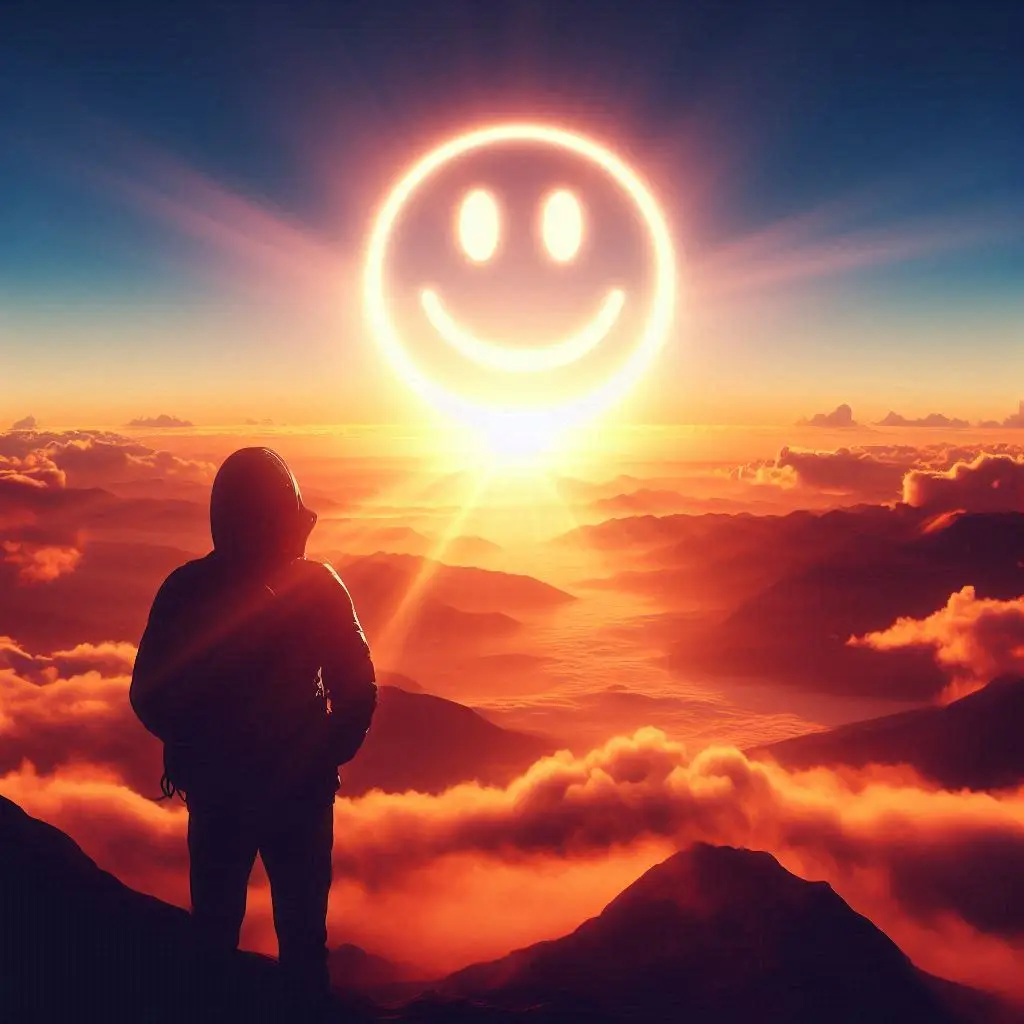 matahari terbit dengan siluet seseorang yang tersenyum