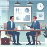 seorang karyawan sedang berdiskusi dengan atasan di ruang meeting