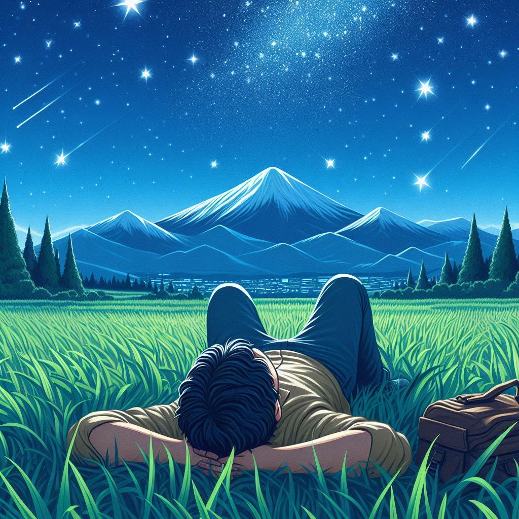 seseorang berbaring di rumput memandang bintang