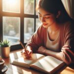 seorang wanita menulis jurnal harian