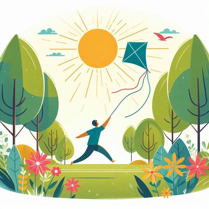 Seseorang menerbangkan layang-layang di taman cerah