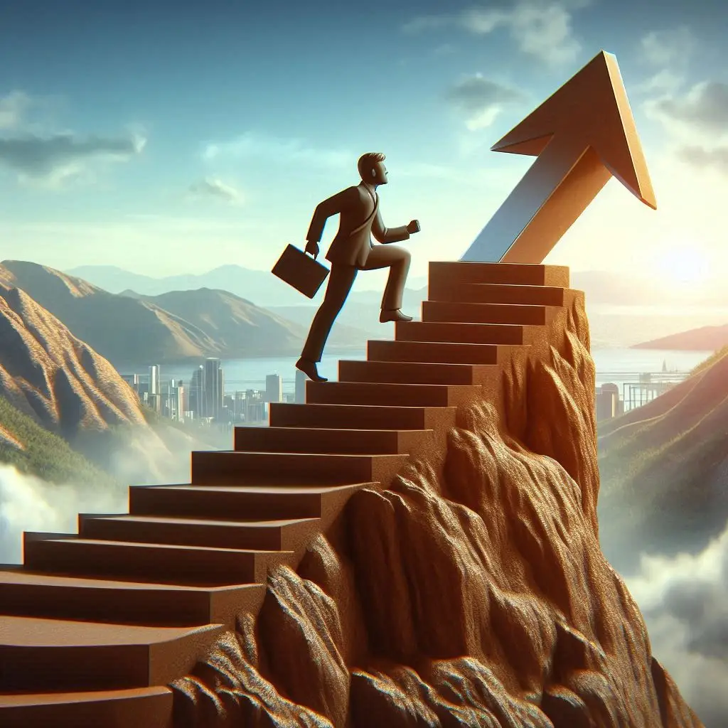 seseorang yang sedang berdiri di atas tangga dengan senyum, melambangkan perjalanan menuju kesuksesan