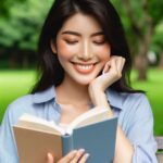 seorang wanita tersenyum bahagia