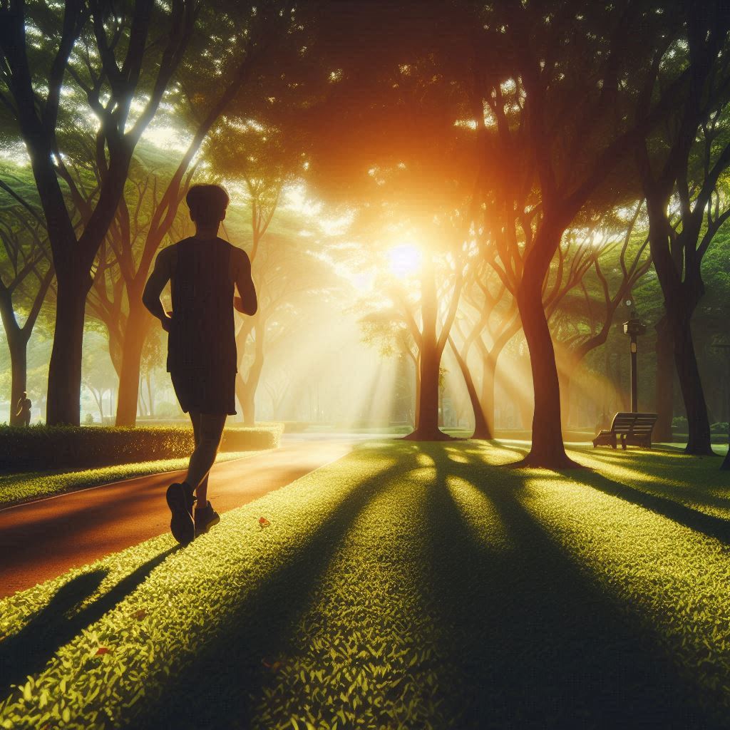 Seseorang joging di taman dengan sinar matahari menembus pepohonan, melambangkan bagaimana aktivitas fisik dapat menyegarkan pikiran dan tubuh
