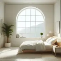 Gambar kamar tidur minimalis dengan tirai gelap dan suhu sejuk, mencerminkan lingkungan ideal untuk istirahat.