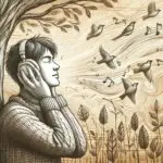 seseorang yang sedang menyentuh tekstur kayu, mendengarkan burung berkicau, dan merasakan angin