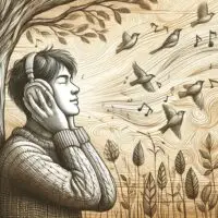 seseorang yang sedang menyentuh tekstur kayu, mendengarkan burung berkicau, dan merasakan angin