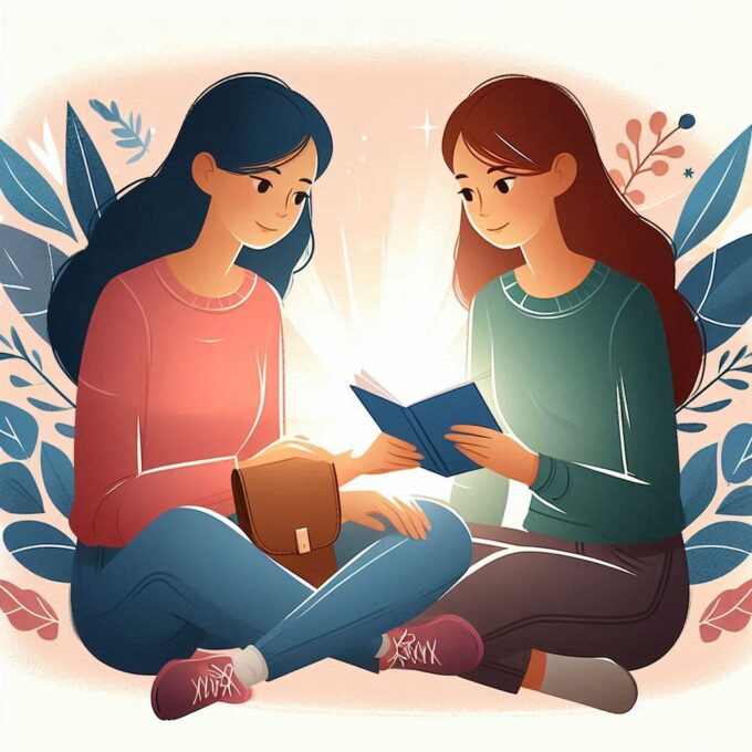 dua orang duduk bersama, satu orang berbagi buku atau catatan dengan yang lain