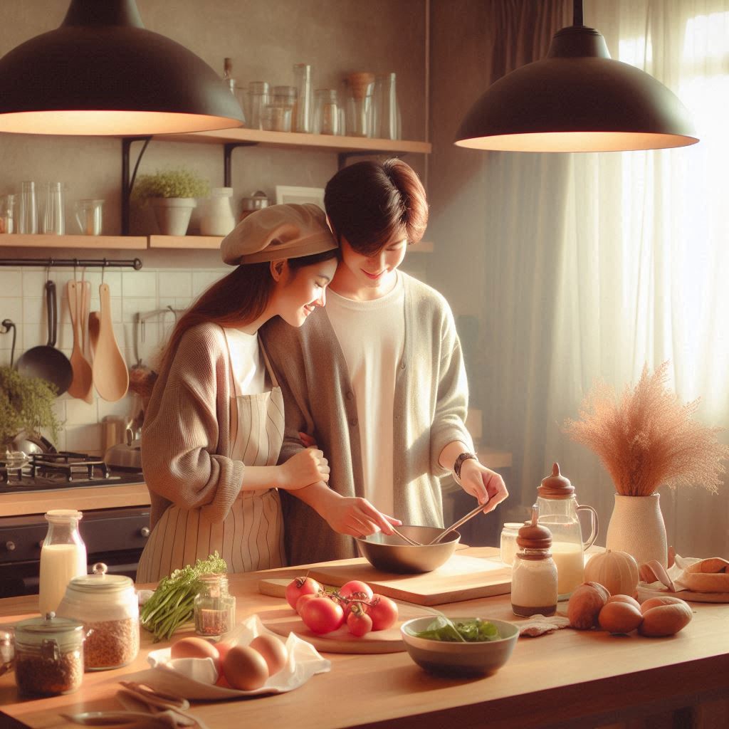 Suasana nyaman dua orang memasak bersama di dapur