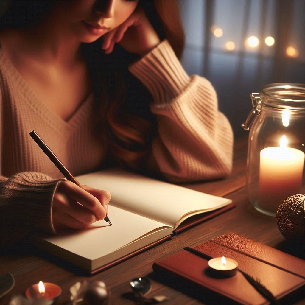 Seseorang duduk di meja dengan jurnal